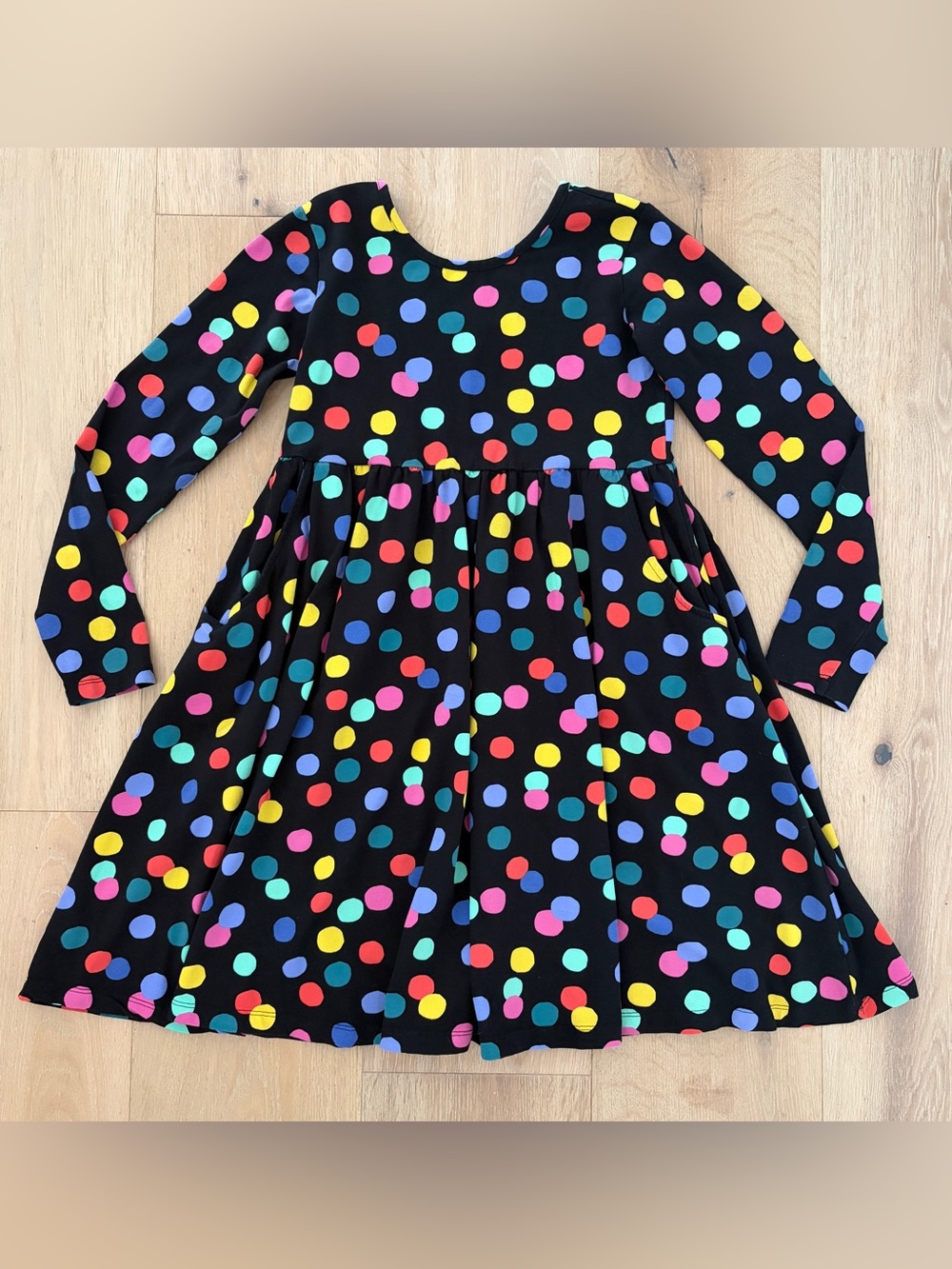 Hanna Andersson Girls Dress Sz 12 150 Black Multicolor Polka Dot Long Sleeve*S12